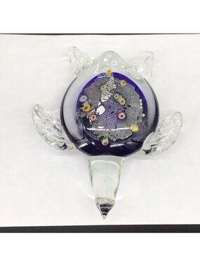 Handcrafted Glass Turtle Paperweight With Millefiori Design & Silver Leaf Accent